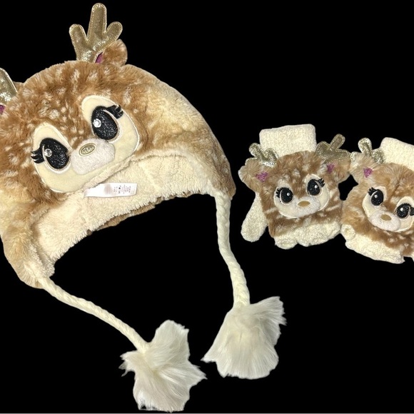 JUSTICE Girl's Deer Earflap Beanie Hat with Matching Gloves Set Cream One Sz EUC - Picture 12 of 15